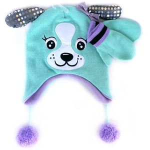 Girls Knit Winter Beanie Hat & Mitten Set Dog Pom
